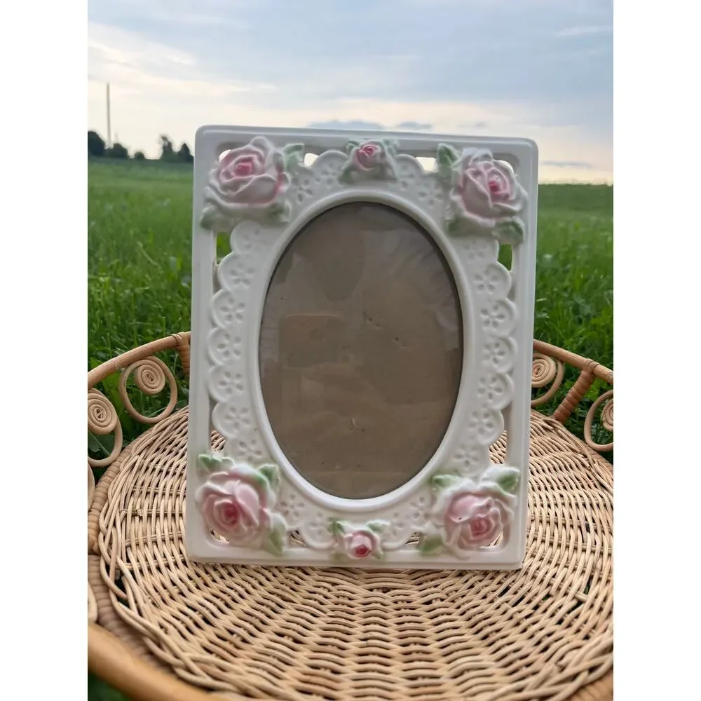 Vintage Elsa Porcelain Pink Rose Picture Frame Cottagecore Shabby Chic Floral